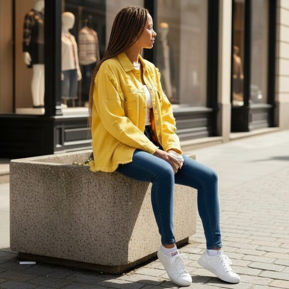 Urban Chic‎ Yellow Distressed Oversized Cotton Blend Denim Jacket Streetwear Lg - Picture 5 of 10